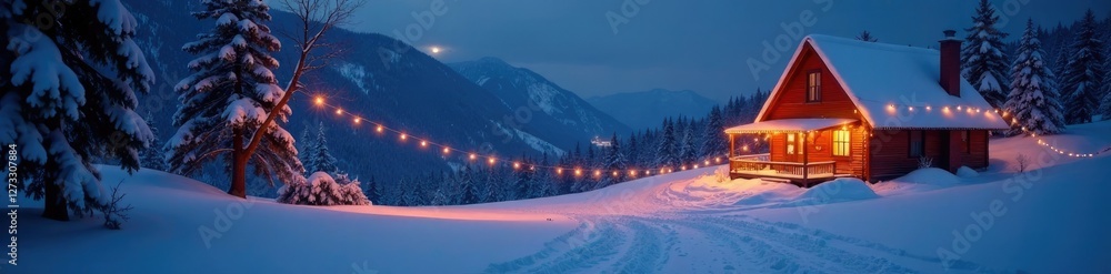 Fototapeta premium Snowy landscape aglow with twinkling string lights, string, lights