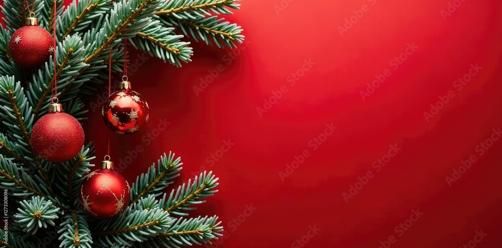 Snowy pine branch wreath on red background with sparkling ornaments hanging from twigs, red background, pine wreaths Snowy pine branch wreath on red background with sparkling ornaments hanging from twigs, red background, pine wreaths
