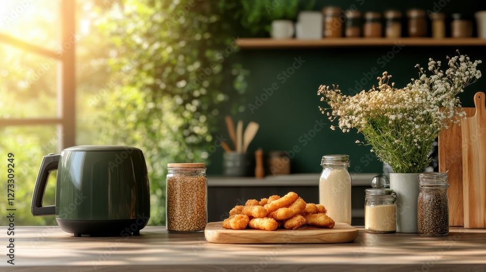An inviting kitchen scene featuring a wooden table adorned with crispy fried snacks and jars of ingredients, enhanced by natural light streaming through the windows. An inviting kitchen scene featuring a wooden table adorned with crispy fried snacks and jars of ingredients, enhanced by natural light streaming through the windows.