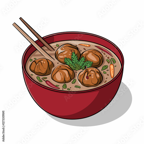 Illustrated Bakso Meatball Soup in a Red Bowl
