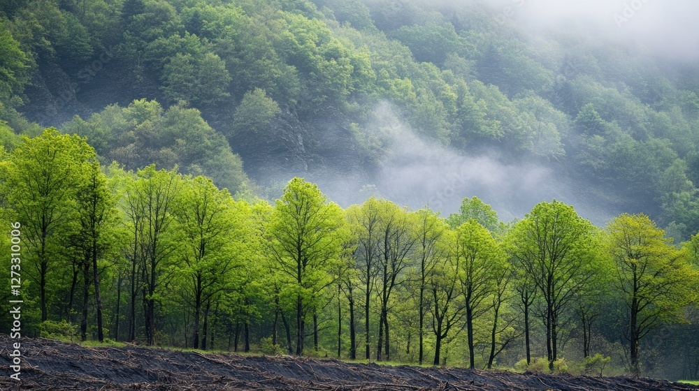 Naklejka premium Lush green forest with fog clinging to the mountainside