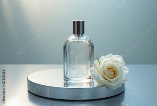 Perfume and Rose. Elegant perfume bottle with a white rose on a silver platform, soft blue background.