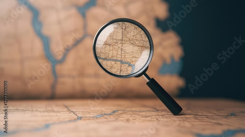 Magnifying glass on a detailed vintage map, exploring geographical features and locations, representing travel and adventure.