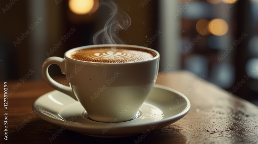 Obraz premium Aromatic cup of coffee: steaming dark brew, creamy foam, cinnamon garnish. Warm golden lighting, cinematic photo, shallow depth of field, cozy coffee shop vibe, nostalgic and inviting.
