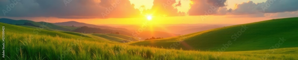 The sun rises over the green hills of a meadow, landscape, natural light, nature The sun rises over the green hills of a meadow, landscape, natural light, nature