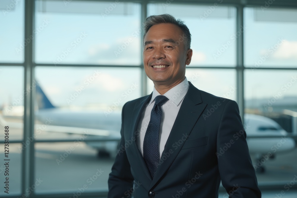 Head and shoulders Portrait of an elegant stylish Costa Rican 50 years old male flight attendant in uniform. Head and shoulders Portrait of an elegant stylish Costa Rican 50 years old male flight attendant in uniform.