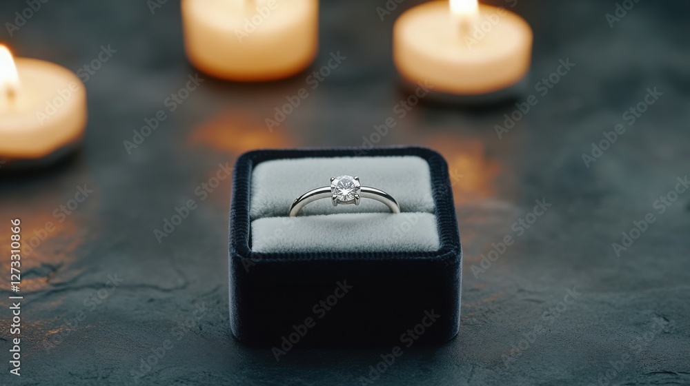 A diamond engagement ring placed elegantly in a velvet box, candlelit background, romantic A diamond engagement ring placed elegantly in a velvet box, candlelit background, romantic