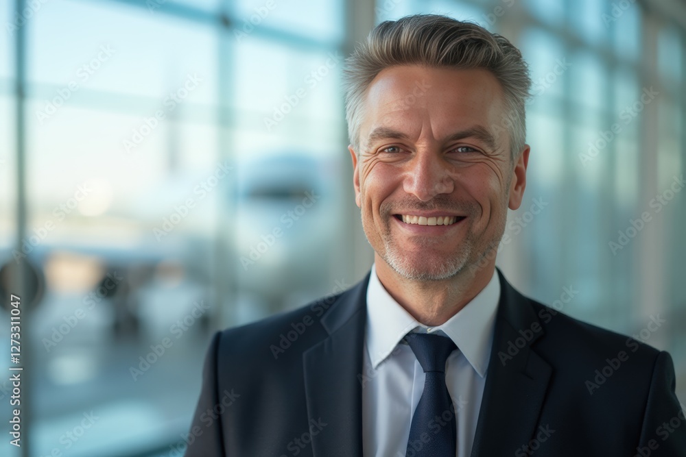 Head and shoulders Portrait of an elegant stylish Croatian 50 years old male flight attendant in uniform. Head and shoulders Portrait of an elegant stylish Croatian 50 years old male flight attendant in uniform.