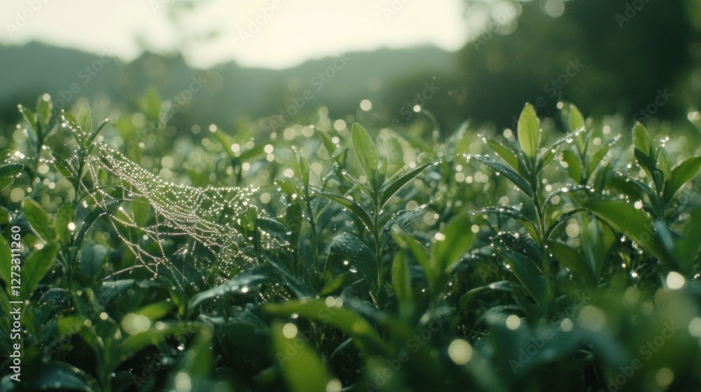 Dew covered spiderweb nestled amongst lush green foliage Dew covered spiderweb nestled amongst lush green foliage
