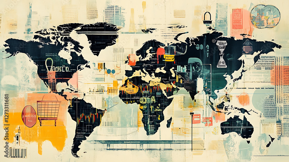 Fototapeta premium A stylized world map featuring various icons and graphics representing data analysis, technology, and global connectivity.