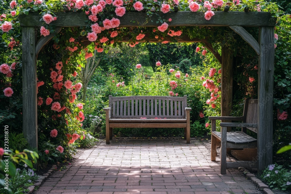 Serene garden bench under a blooming rose archway in a lush green park