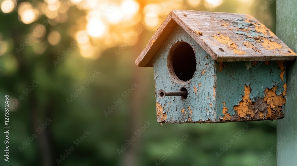 A charmingly rustic birdhouse showing a blend of peeling paint and weathered wood against a lush green backdrop, evoking a sense of nostalgia and natural beauty. A charmingly rustic birdhouse showing a blend of peeling paint and weathered wood against a lush green backdrop, evoking a sense of nostalgia and natural beauty.