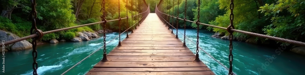 Obraz premium wooden planks on a suspension bridge crossing over the winding river, river, suspension