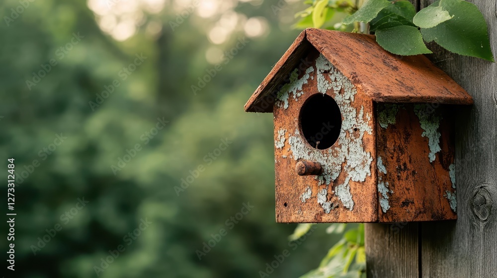 A weather-beaten birdhouse showcasing stunning rust effects and chipped paint, set against a diffused green background that emphasizes its aged beauty. A weather-beaten birdhouse showcasing stunning rust effects and chipped paint, set against a diffused green background that emphasizes its aged beauty.