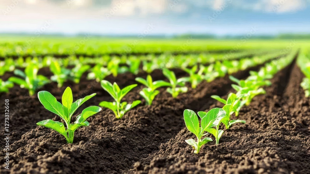 Lush green seedlings growing in well-tilled soil under a bright sky, symbolizing agricultural growth Lush green seedlings growing in well-tilled soil under a bright sky, symbolizing agricultural growth