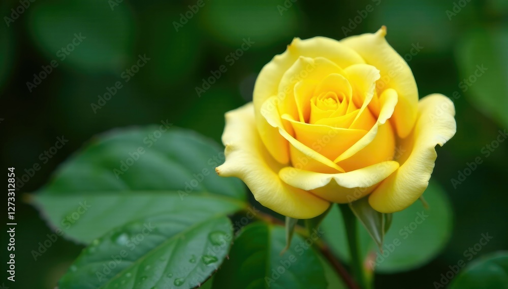 Yellow rose petals on a leafy base with water drops, blossom, nature, greenery Yellow rose petals on a leafy base with water drops, blossom, nature, greenery