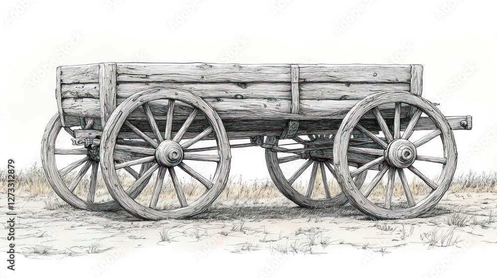 Fototapeta premium Rustic wooden wagon, field setting, illustration, history