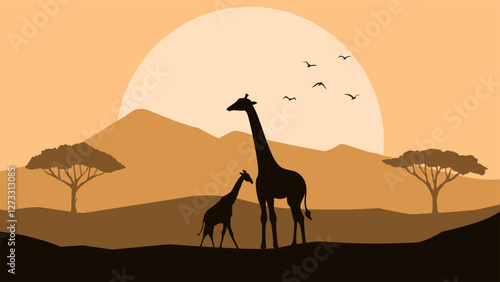 Wildlife landscape of a giraffe in a savannah scenery. Panoramic view of giraffe eating leaves from african tree. Vector illustration of scenic savanna with giraffe and flock of birds in the grassland