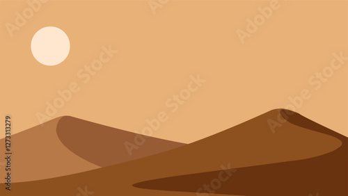 Landscape scenery of sand desert with dunes. Panoramic view of sahara desert at noon with sun and towering dunes. Vector illustration of scenic arid desert with hot weather