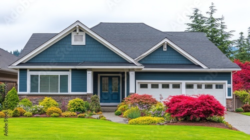 Suburban home exterior, landscaping, colorful plants, neighborhood setting photo