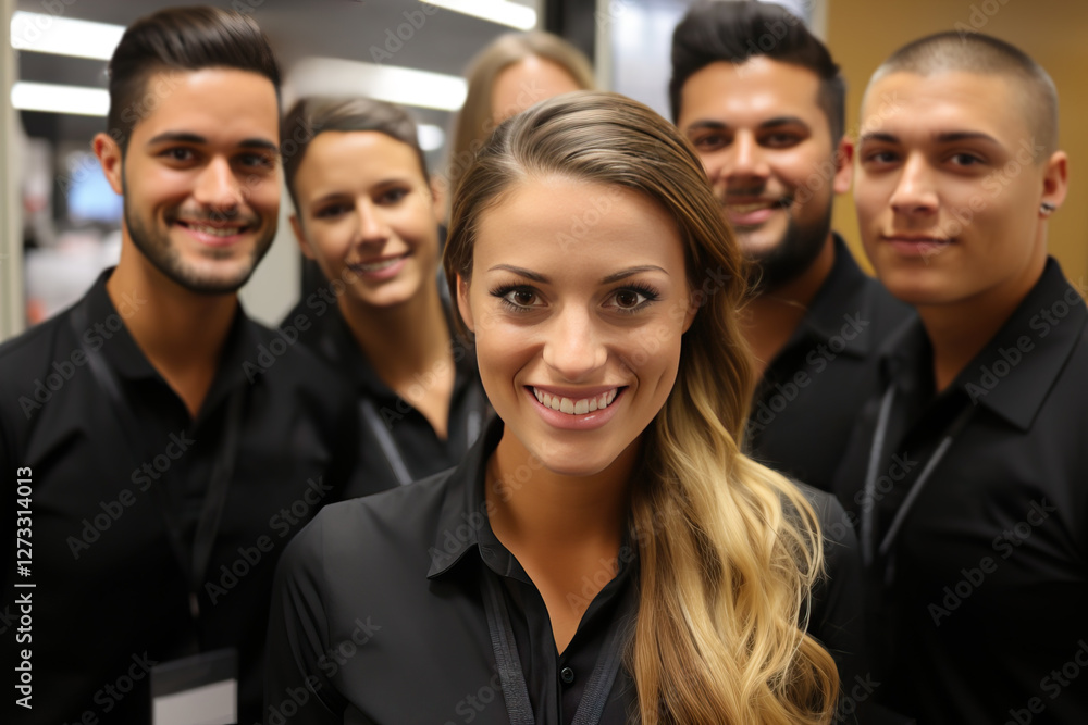A team of service workers portrait in a large shopping mall. A team of service workers portrait in a large shopping mall.