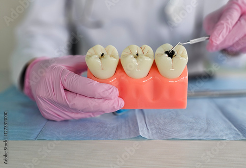 Fotografie The doctor talks about dental caries and plaque, the process of demineralization