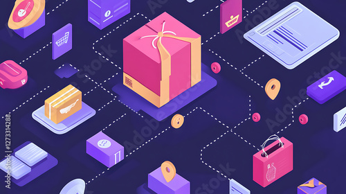 Wallpaper Mural A vibrant, digital illustration depicting a central gift box surrounded by various icons related to delivery, shopping, and digital transactions. Torontodigital.ca