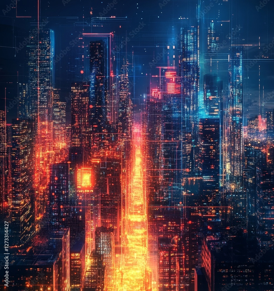 Naklejka premium Modern Digital Cityscape with Abstract Elements, Generative AI