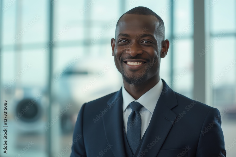 Head and shoulders Portrait of an elegant stylish Gabonese 50 years old male flight attendant in uniform. Head and shoulders Portrait of an elegant stylish Gabonese 50 years old male flight attendant in uniform.
