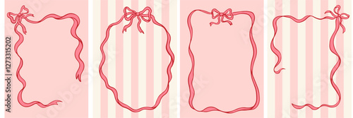 Vintage bows frame for greeting cards, wedding and birthday party, picnic invitations in cute elegant coquette style. Hand drawn pink frames with bow and ribbons border illustration