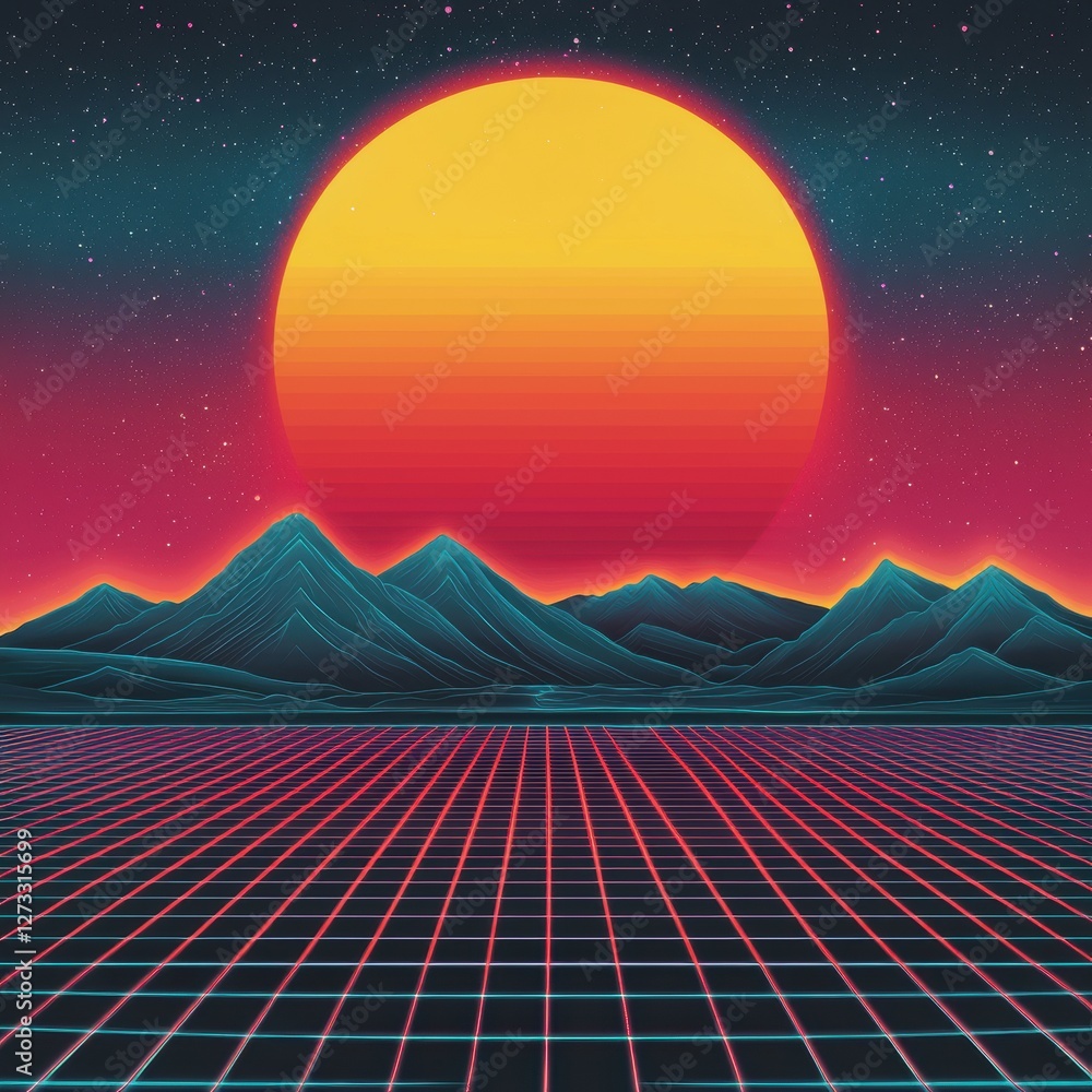 Retro Futuristic Digital Landscape with Neon Sunset Aesthetic