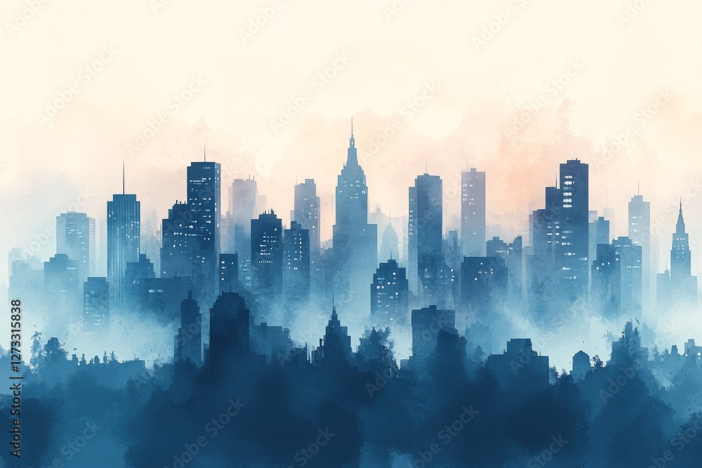 Futuristic city skyline covered in mist with tall buildings disappearing into the clouds Futuristic city skyline covered in mist with tall buildings disappearing into the clouds
