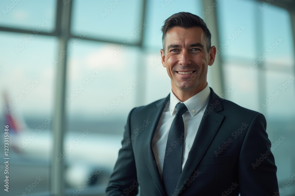 Head and shoulders Portrait of an elegant stylish Greek 50 years old male flight attendant in uniform. Head and shoulders Portrait of an elegant stylish Greek 50 years old male flight attendant in uniform.