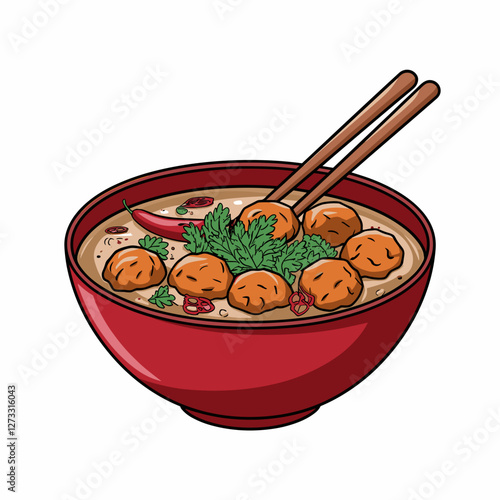Illustrated Bakso Meatball Soup in a Red Bowl