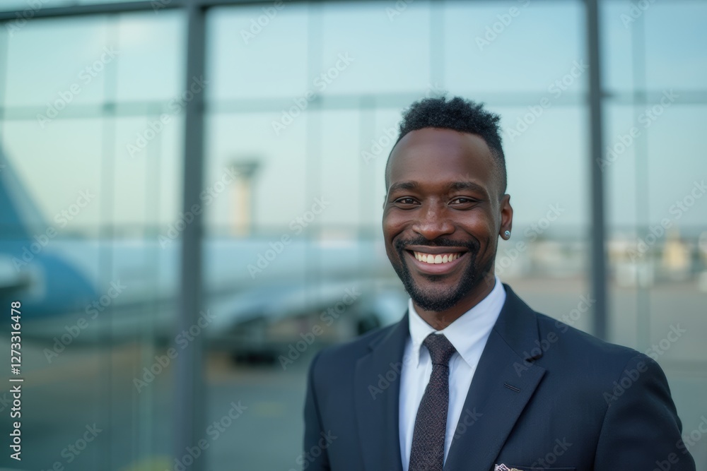Head and shoulders Portrait of an elegant stylish Guinean 50 years old male flight attendant in uniform. Head and shoulders Portrait of an elegant stylish Guinean 50 years old male flight attendant in uniform.