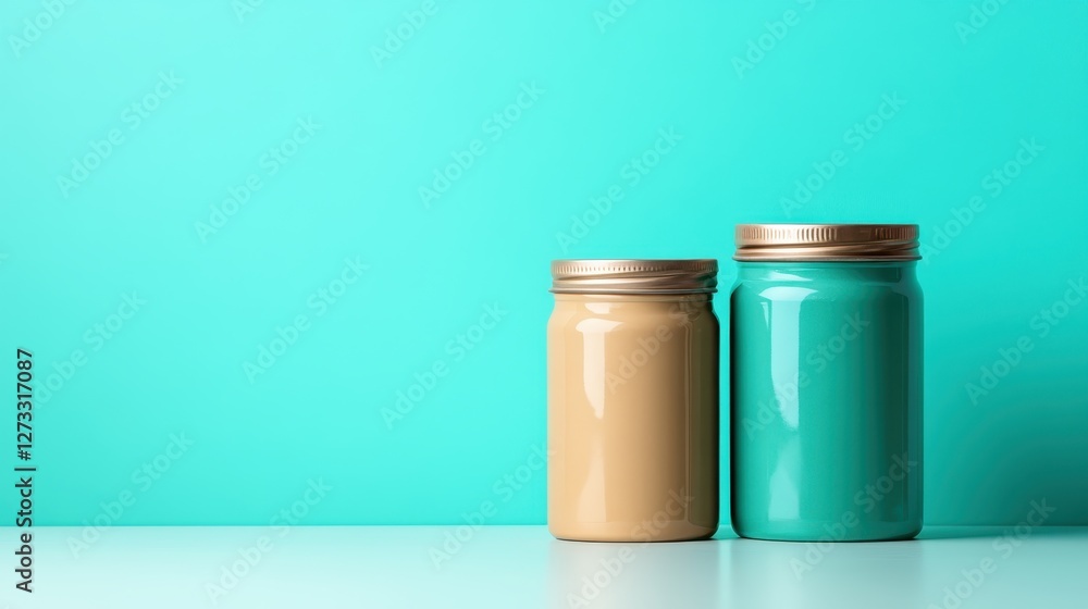 Two jars filled with colorful paint stand side by side against a bright turquoise backdrop, showcasing modern artistic expression through color and design. Two jars filled with colorful paint stand side by side against a bright turquoise backdrop, showcasing modern artistic expression through color and design.
