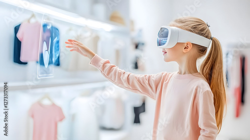 Personalized AI shopping assistant child interacting with virtual reality digital screen. photo