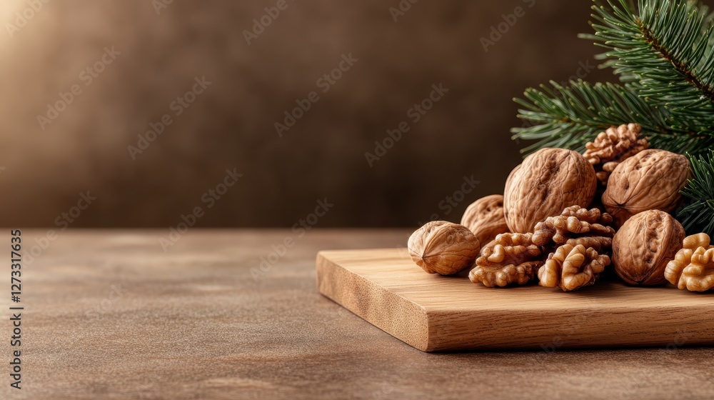 A calming arrangement of various nuts placed on a wooden board, complemented by pine branches, creating a cozy and inviting atmosphere suited for festive occasions. A calming arrangement of various nuts placed on a wooden board, complemented by pine branches, creating a cozy and inviting atmosphere suited for festive occasions.