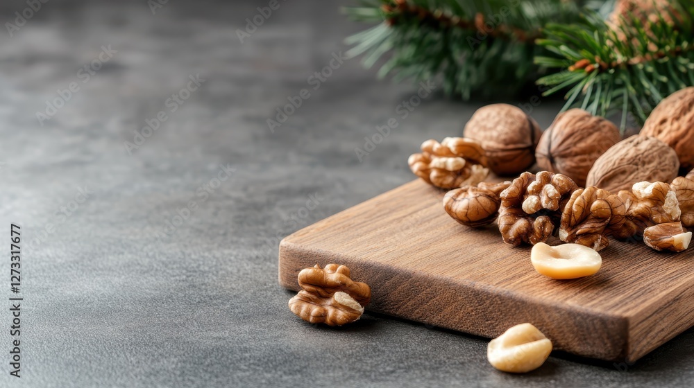 A beautifully arranged collection of walnuts, hazelnuts, and cashews on a wooden cutting board, accented by pine branches, perfect for holiday decor or healthy snacks. A beautifully arranged collection of walnuts, hazelnuts, and cashews on a wooden cutting board, accented by pine branches, perfect for holiday decor or healthy snacks.