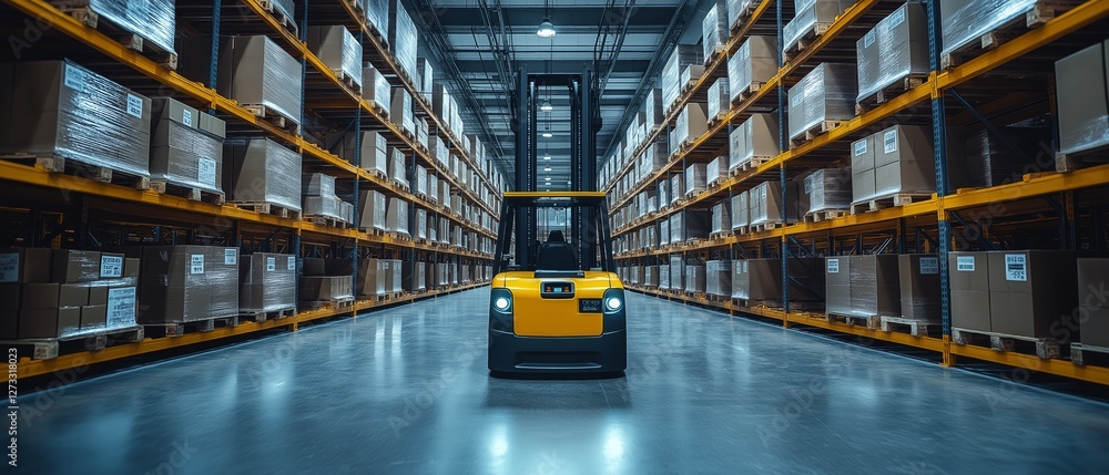 Forklift navigating through a large warehouse filled with boxes Forklift navigating through a large warehouse filled with boxes