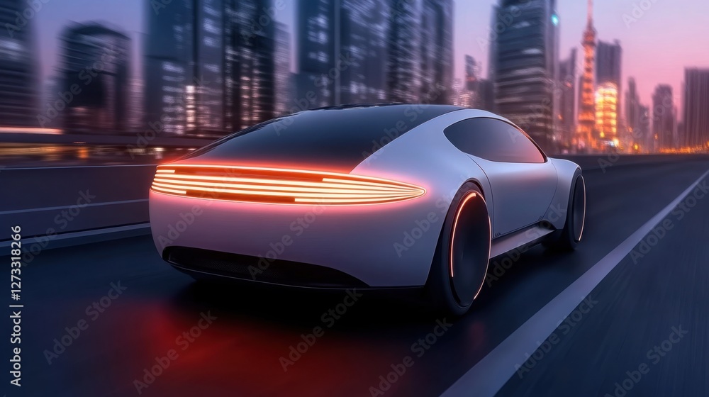 Fototapeta premium A sleek self-driving luxury car cruising through a neon-lit futuristic city, AI-driven transportation