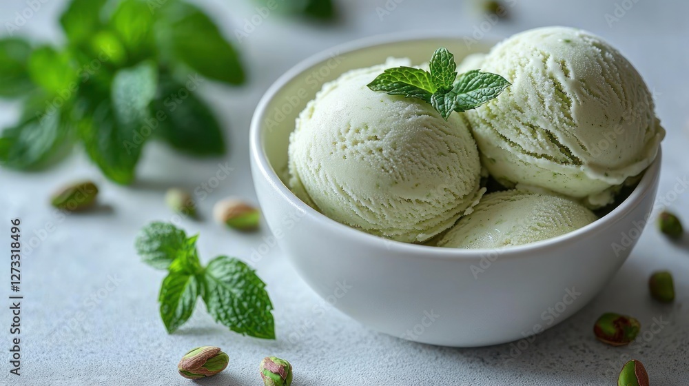 Pistachio mint ice cream scoops in white bowl on light surface with pistachios and mint Pistachio mint ice cream scoops in white bowl on light surface with pistachios and mint