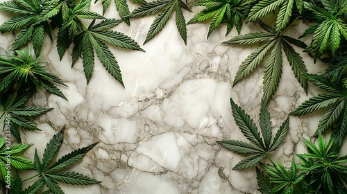 Cannabis leaves arranged on marble background, concept for medicine or hemp usage photo