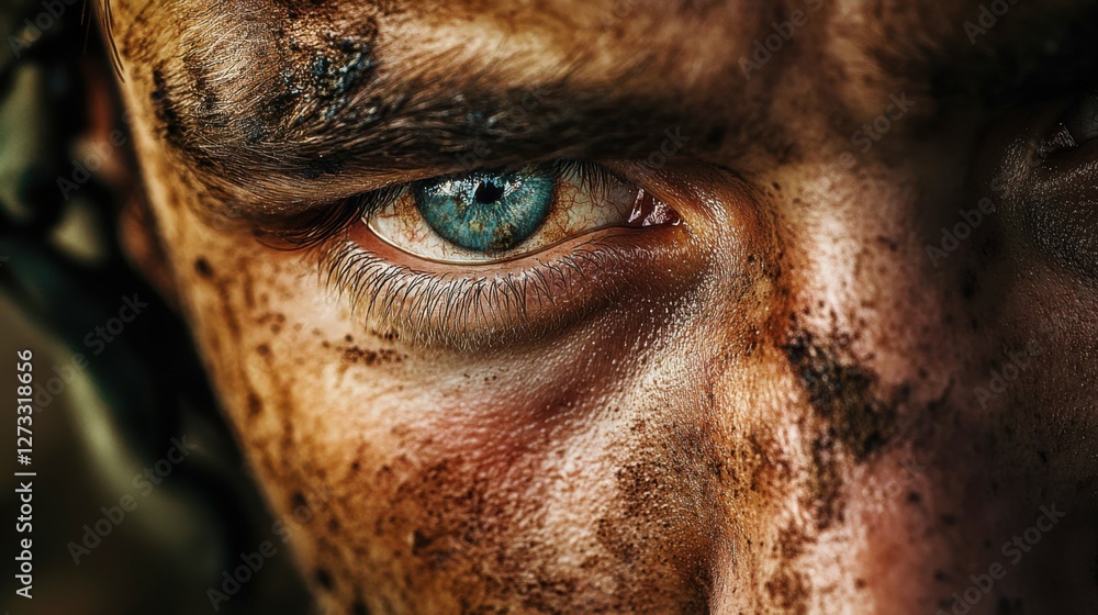 close-up of soldier's face with war scars, emotional and dramatic, focus on textures and light, artistic and powerful composition close-up of soldier's face with war scars, emotional and dramatic, focus on textures and light, artistic and powerful composition