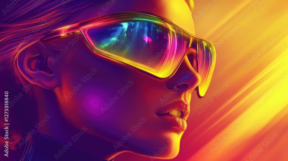 Stylish woman wearing futuristic sunglasses, rainbow light reflections, modern cyberpunk vibes. Stylish woman wearing futuristic sunglasses, rainbow light reflections, modern cyberpunk vibes.