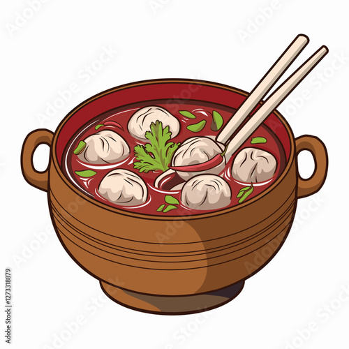 Illustrated Bakso Meatball Soup in a Red Bowl