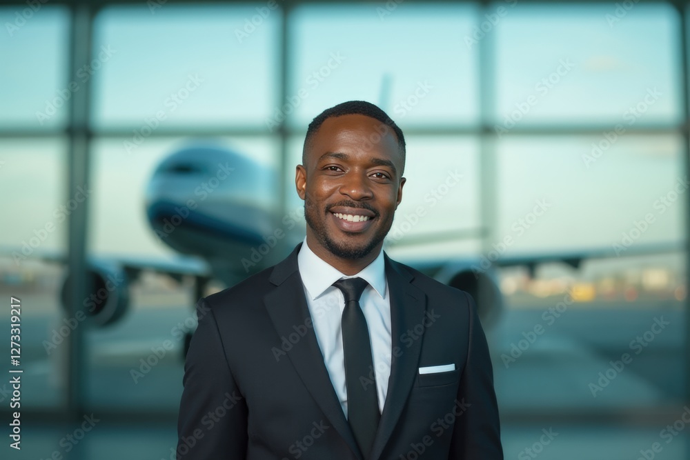 Fototapeta premium Head and shoulders Portrait of an elegant stylish Jamaican 50 years old male flight attendant in uniform.