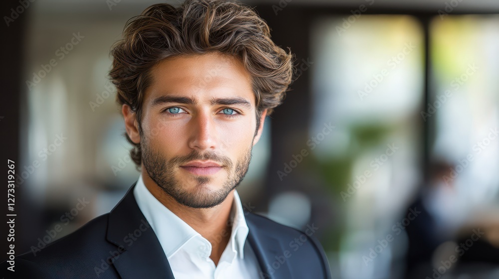 Fototapeta premium Confident Handsome Man with Blue Eyes in Business Suit
