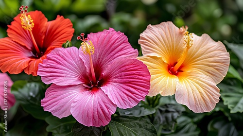 Wallpaper Mural A collection of colorful hibiscus flowers in red, pink, and yellow hues can be seen flourishing in a garden. The lush green leaves enhance the beauty of these tropical blooms. Torontodigital.ca