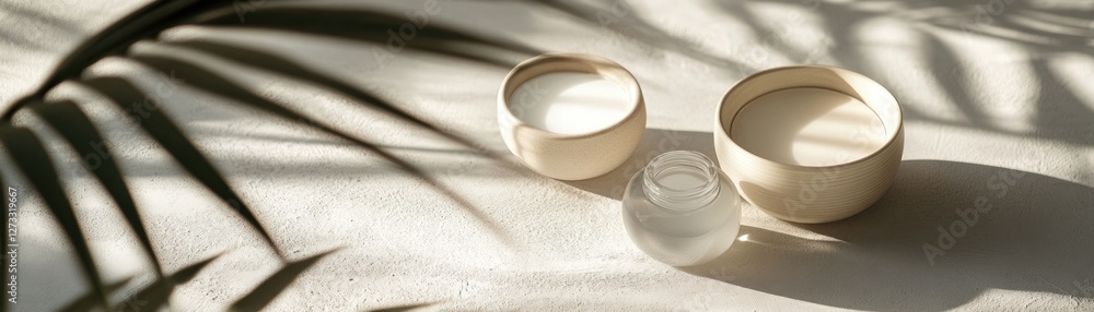 Beige bowls filled with milk under palm leaf shadows Beige bowls filled with milk under palm leaf shadows